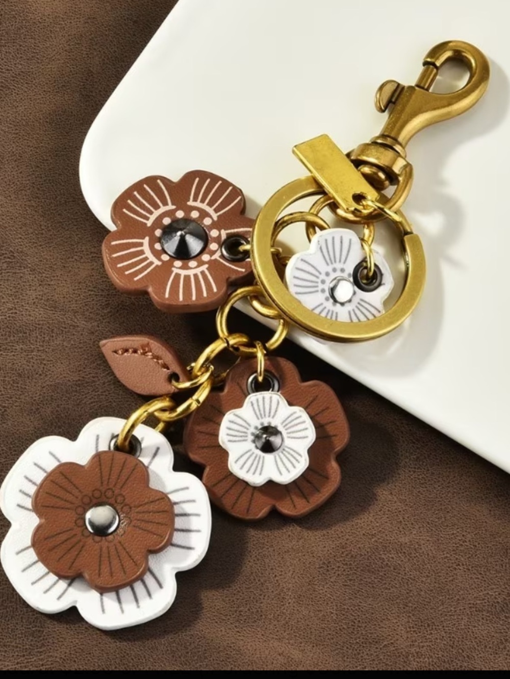 Brown & White Floral Bag Charm Keychain Faux Leather Flowers Boho New